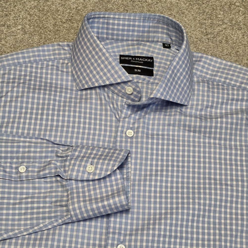 Spier & Mackay Mens 16.5 35 Slim Fit Blue White Check Dress Shirt Cotton